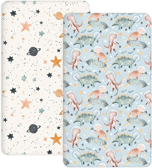 Crib Sheets for Boys and Girls, 2 Pack Fitted Baby Sheets for Standard Toddler Mattress 28" x 52", Soft Breathable Jersey Knit Baby Bedding (Cosmic Dinos)