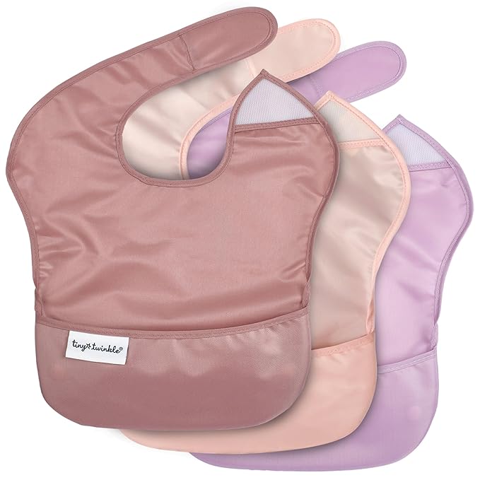 Tiny Twinkle Mess-Proof Baby Bibs for Eating | Waterproof, Wipeable Toddler Bibs with Catch-All Pocket | Feeding Bibs for Girls & Boys(3 Pack,Taupe, Rose)