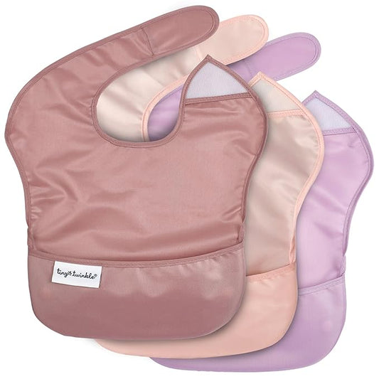 Tiny Twinkle Mess-Proof Baby Bibs for Eating | Waterproof, Wipeable Toddler Bibs with Catch-All Pocket | Feeding Bibs for Girls & Boys(3 Pack,Taupe, Rose)