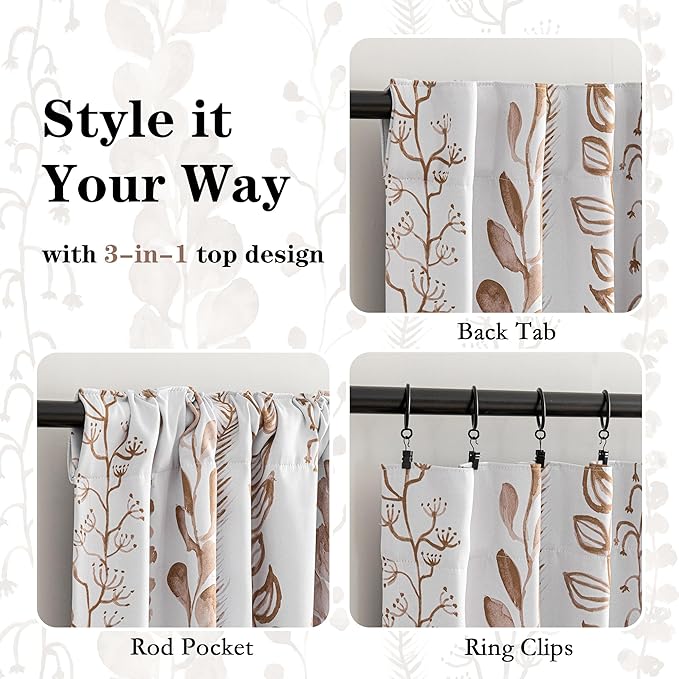 MEETSKY Blackout Curtains 84 Inches Long Leaves Patterned Farmhouse Thermal Insulated Privacy Protection Drapes with Rod Pocket Back Tab for Bedroom Living Room, 2 Panels, 50" Wide, Khaki