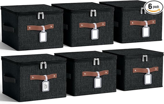 6 Pack Fabric Closet Storage Bins with Zipper Lids and Label, 10×8×7In Large Size Foldable Cotton Linen Storage Cubes Boxes with PU Leather Handles Holders for Bedroom, Shelf, Nursery, Black