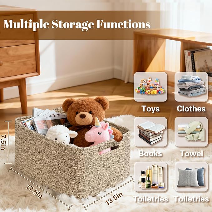 4 Pack Large Storage Basket for Organizing, 17.5"x13.5"x7.5" Woven Basket for Shelves, Closet Cube Storage Bins with Wrapped Handle, Cotton Rope Baskets for Kitchen, Clothes, Toys(Natural)