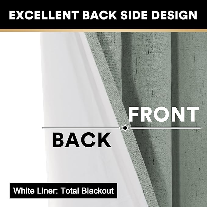 PrinceDeco 100% Blackout Curtains 54" Long Green Blackout Curtains for Bedroom Linen Texture Solid Thermal Insulated with White Liner Luxury Decor for Nursery 52x54 Inch (2 Panels)