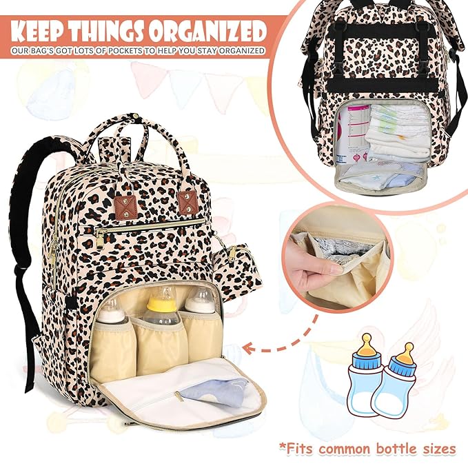 Baby Diaper Bag Backpack, Travel Diaper Bags for Baby Girl Boy Large Capacity Baby Bag Backpack for Women Leopard Print