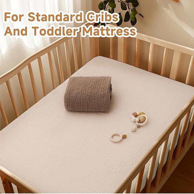 Pro Goleem Muslin Crib Sheets, 100% Cotton Crib Sheets for Boy Girl, 2 Pack Breathable Soft Neutral Baby Bed Sheets Set, Fits Standard Crib Mattress & Toddler Mattress 52"x28", (Brown＆Beige)