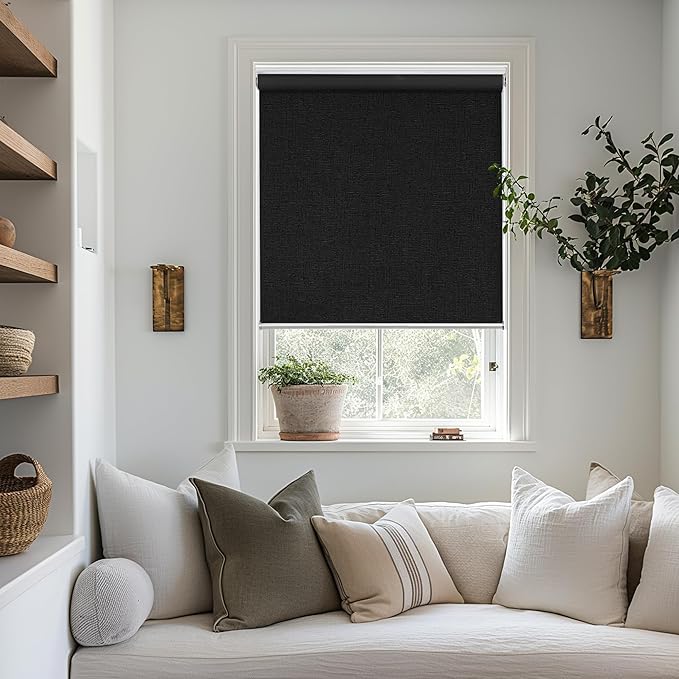 ChrisDowa Cordless Blackout Roller Shade with Spring System Room Darkening UV Protection Jacquard Fabric Blackout Blinds for Indoor Window Shades Pull Down for Home and Office, Black, 58" W x 72" H