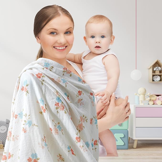 3-Pack 100% Cotton Muslin Swaddle Blankets, Large 47 x 47 Inches — Breathable Soft Receiving Blankets for Newborns, Swaddling Wraps, Registry Gift (Pink Floral Garden)