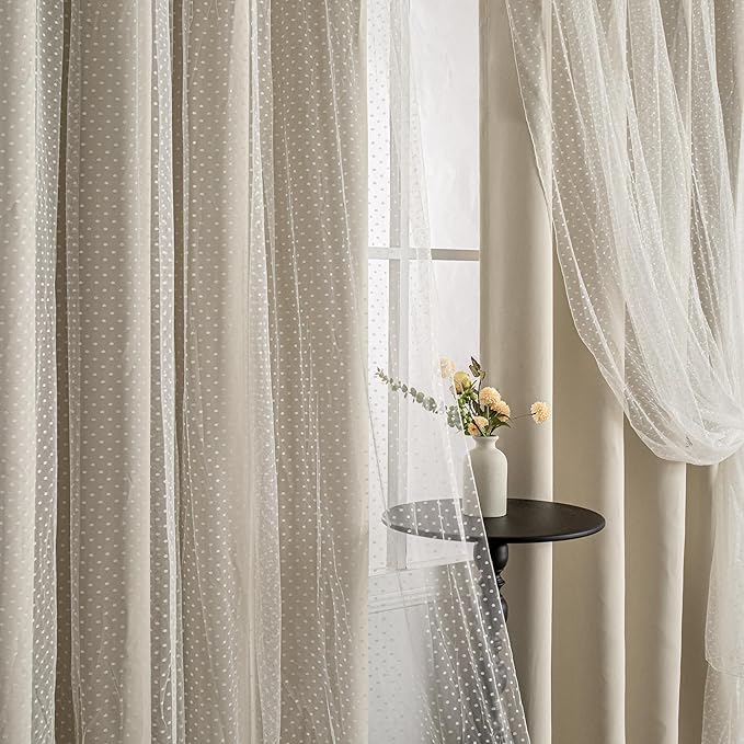 MYSKY HOME Beige Curtains with Sheer Overlay for Bedroom & Living Room Elegante Modern Nursery Kids Cream 70% Blackout Drapes, Grommet Tops, 52x84 Inch Each Panel, 2 Panels
