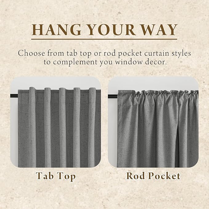 RYB HOME Grey Linen Blackout Curtains for Sliding Glass Door, 100% Blackout Linen Textured Thermal Privacy Modern Drape Panels for Dining Room Large Window, 52" W x 108" L, 2 Panels Set