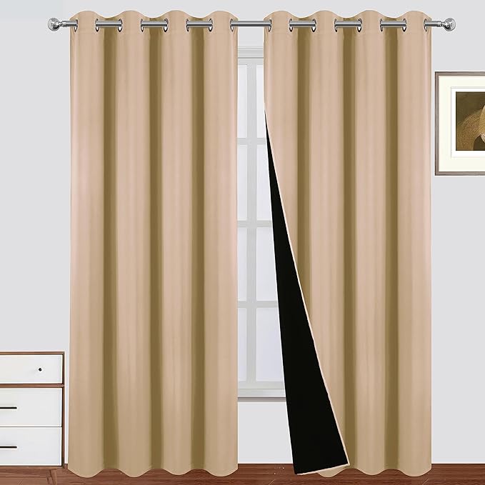 LEMOMO Blackout Curtains 66 x 84 Inch Beige Curtains 2 Panels Darkening Thermal Insulated Bedroom Curtains