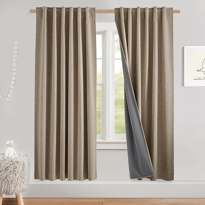 NICETOWN Bedroom 100% Blackout Linen Curtains, Thick Insulated Rod Pocket & Back Tab Full Light Blocking Draperies with Gray Liner for Night Shift Workers (Set of 2, 52 by 72-inch, Burlap)