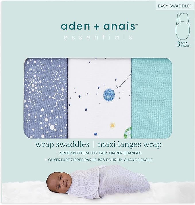 aden + anais Essentials Easy Swaddle Wrap Quick Change with Bottom Zipper, Snug Cotton Knit Baby Wrap Swaddle Blanket for Newborns, TOG 1.0, 3-Pack, Stargaze, 0-3 Months, Small/Medium