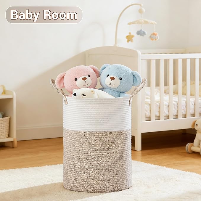 Tall Laundry Basket with Handles, 58L Portable Dirty Clothes Hamper, Boho Cotton Rope Storage Bin for Blankets Kids Toys Gifts, Decorative Organizer for Baby Nursery Bedroom Bathroom, Brown