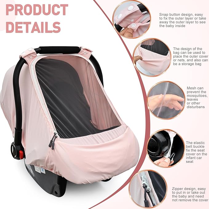 Baby Car Seat Cover,Sunproof Car Seat Canopy for Babies, Extra Large Mesh Window Baby Car Seat Sun Shade Cover, Infant Carseat Covers for Summer/Autumn Use(Pink)