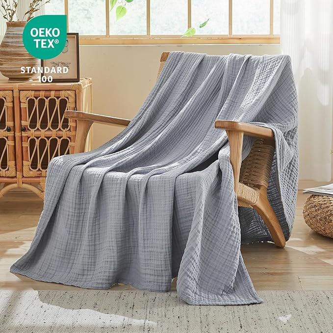 EMME Cotton Muslin King Blanket Bed Layering Breathable Gauze Blanket Soft Lightweight Blankets Adults (Dusty Blue, 108"x90")