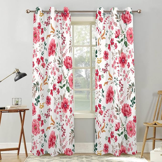Renaiss Pink Rose Floral Curtains Red Peony Flowers Blackout Window Curtains for Bedroom Thermal Insulated Living Room Window Drapes 42W x 63L Inches 2 Panel Set, Grommet Top