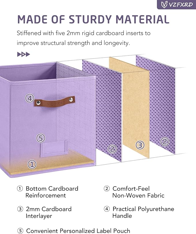13 Inch Cube Storage Bin Fabric Basket with Handles and Labels, Cube Storage Organizer for Closet, Bedroom, Living Room (Purple,6 Pack)