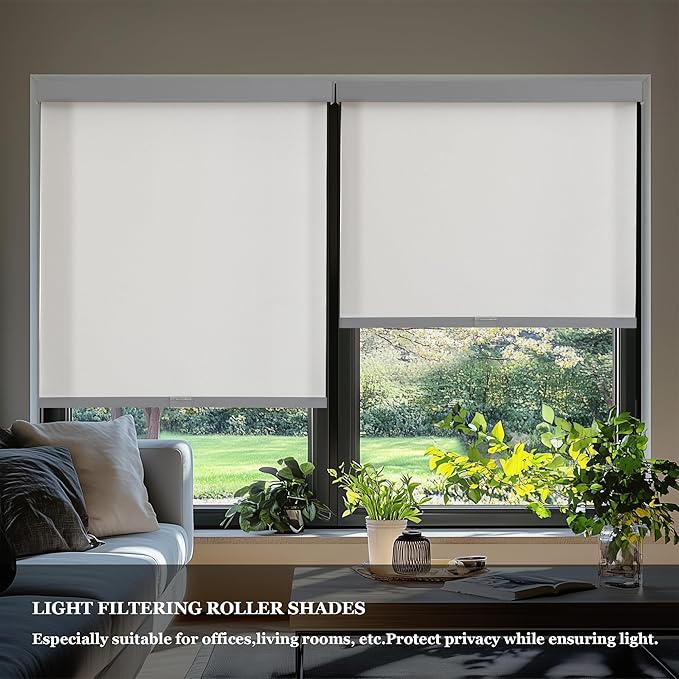 AOSKY Light Filtering Roller Shades Cordless Blinds for Windows, 1% Openness Free-Stop Shades with Valance, Thermal Insulated Fabric, UV Protection, Natural Woven Blindss（24" W x 72" H, Grey）