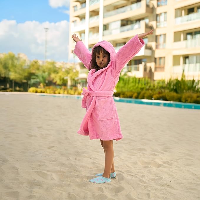 BAGNO MILANO Kids Organic Turkish Cotton Hooded Beach Cover-Up Towel, GOTS Certified, for Boys and Girls (Pink, 9-11 Years)