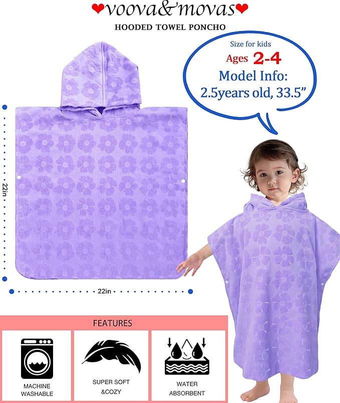 Toddler Bath Towels with Hood, Oversized (2-4Years,22"X22") Made from 100% Soft Cotton,Absorbent Hooded Poncho Towel for Baby Boy,Perfect for Pool | Swimming | Bath | Beach,Jacquard Purple Flower