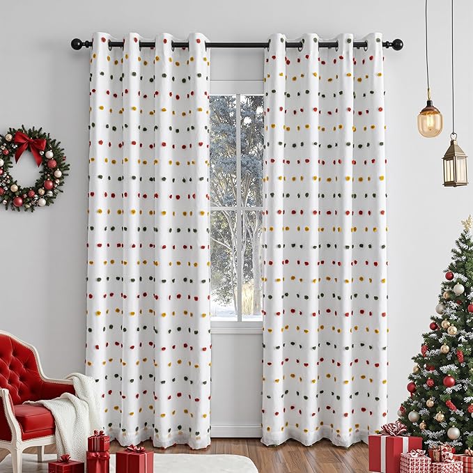 MEETSKY Colorful Pom Pom 100% Blackout Curtains for Girls Bedroom 90 Inch Long 100% Light Blocking Curtains for Living Room 2 Panels Room Darkening Grommet Double Layer Drapes 52W x 90L