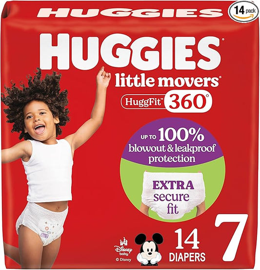 Huggies Size 7 Baby Diapers, Little Movers HuggFit 360° Baby Diapers with 360° Waistband, Size 7 (41+ lbs), 14 Count, Packaging May Vary