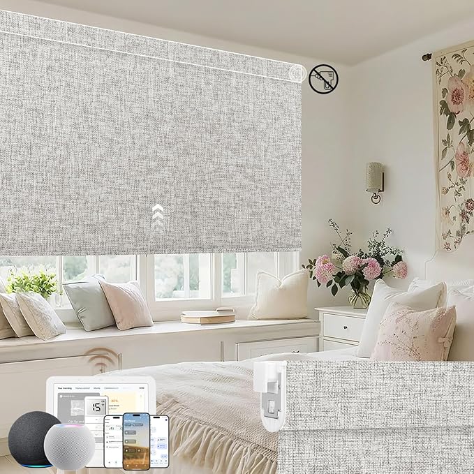 Kincmo No Drill Motorized Blinds with Remote, 100% Blackout Roller Shades for Windows, Custom Electric Blinds Compatible with Alexa, Apple Homekit, Google Home (100% Blackout Mist Ash Grey)