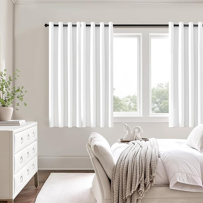 ChrisDowa 100% Blackout Pure White Solid Curtains 54 Inches Long 2 Panels for Bedroom Living Room,Farmhouse Room Darkening Thermal Insulated Soundproof Grommet Top Window Treatment Drapes,52x54