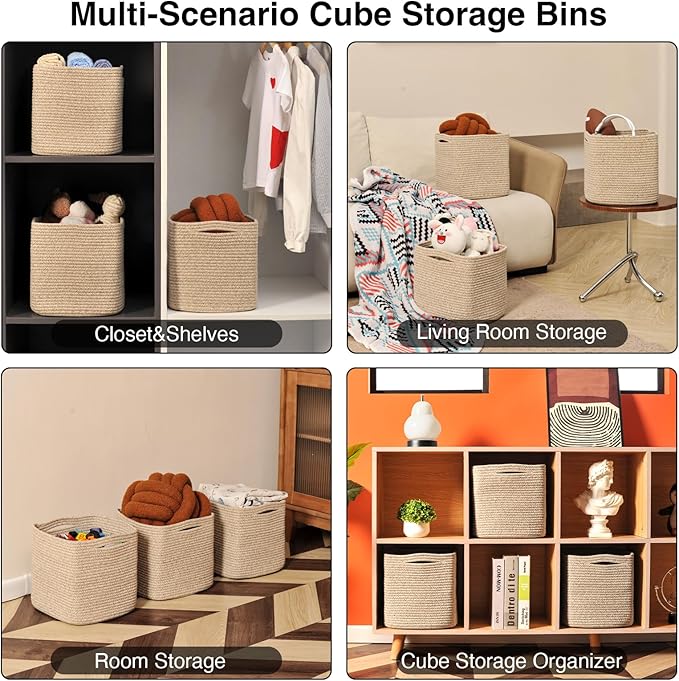 13 Inch Cube Closet Storage Bins, Woven Cotton Rope Organizer Baskets for Organizing & Shelves, Books, Towels, Clothes, Toys, 13x13x13 in, Brown (Pack of 3)