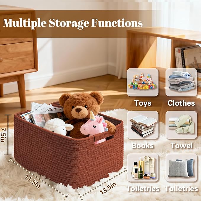 3 Pack Large Storage Basket for Organizing, 17.5"x13.5"x7.5" Woven Basket for Shelves, Closet Cube Storage Bins with Wrapped Handle, Cotton Rope Baskets for Kitchen, Clothes, Toys(Oxide Red)
