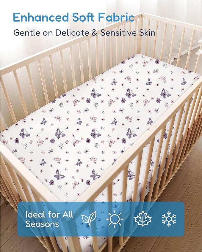 Baby Crib Sheets Boy Girl for Standard Crib Mattress - Soft Purple+Butterflies, Comfortable and Safe, Fits 28''x52''x9'' Deep Pocket