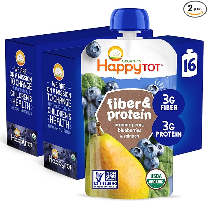 Happy Tot Organics Stage 4 Baby Food Pouches, Gluten Free, Vegan Snack, Fiber & Protein Fruit & Veggie Puree, Pears, Blueberries & Spinach, 4 Ounce (Pack of 16)