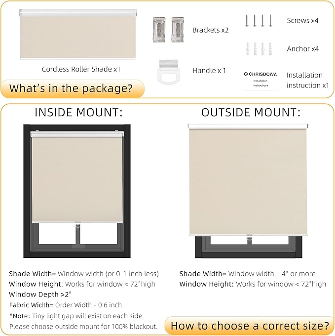 ChrisDowa Cordless Blackout Roller Shades for Windows, Thermal Insulated UV Protection Pull Down Shades, Total Blackout Window Blinds for Home, Office, Bedroom, Door (70" W x 72" H, Beige)