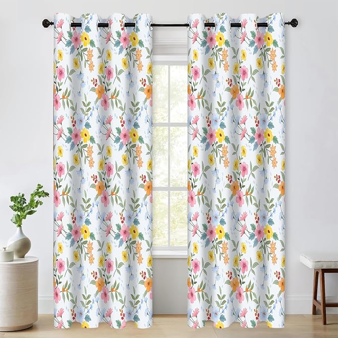 Flower Window Drapes, Pink Yellow Floral Modern Chic Blackout Room Darkening Grommets Curtains, Window Curtains for Living Room Bedroom Drom Decor 52x84 Inch