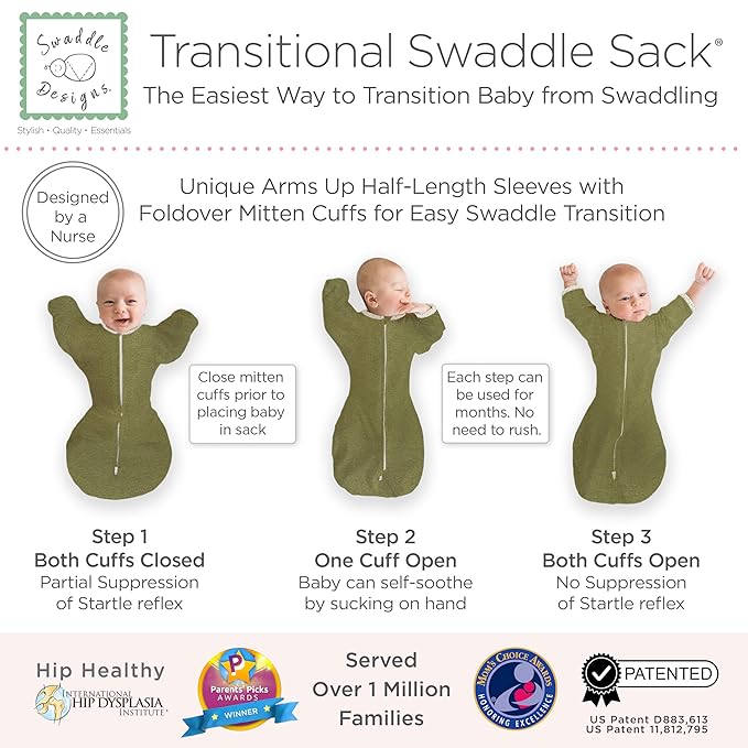 SwaddleDesigns Transitional Swaddle Sack, Arms Up Half-Length Sleeves & Mitten Cuffs, Swaddle for Newborn Transition to Baby Sleep Sack Wearable Blanket, 3-6 Month, 14-21 lb, Heathered Green Turtle
