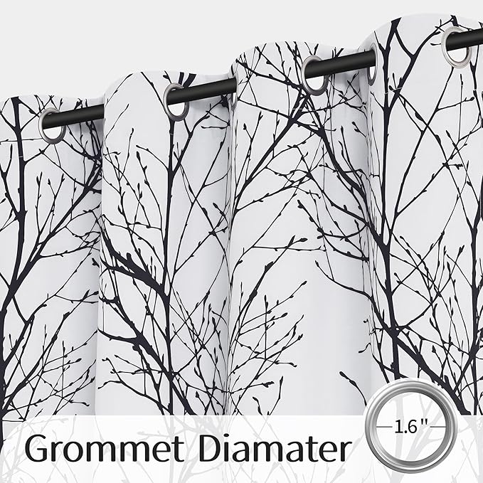 FMFUNCTEX 100% Blackout Curtains White Black Tree Liner Curtains for Bedroom, Branch Partterned Curtains 96 inches Long for Living Room, Room Darkening Thermal Insulated Drapes, Grommet Top 2 Panels