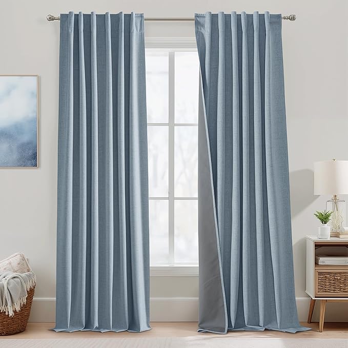 RYB HOME Linen Texture Curtains for Bedroom, 100% Blackout Thermal Insulated Curtains, Rod Pocket&Back Tab Room Darkening Drapes Luxury Decor for Living Room Nursery, W52xL108, 2 Panels, Smoky Blue