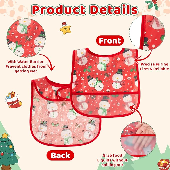 2ooya Christmas Baby Feeding Bib - 6Pcs Toddler Waterproof Food Bibs with Crumb Catcher Pocket Xmas Infant Adjustable Sleeveless Baby Bib First Christmas Gift for Eating Teething Drooling, 6-24 Months