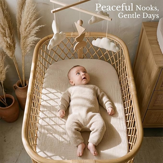 Niceye Muslin Baby Bassinet Sheets 3-Pack 100% Cotton (33" x 21") Bedside Sleeper Bassinet Fitted Sheets for Rectangle Mattresses, Unisex for Baby Girl/Boy (Khaki)
