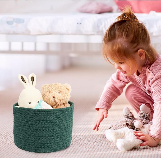 Woven Cotton Storage Baskets - 3-Pack Round Bins (10x10x7'') for Shelves, Closets & Bookcases | Durable Rope Organizers for Nursery, Baby, Toys, Easter & More (dark green)