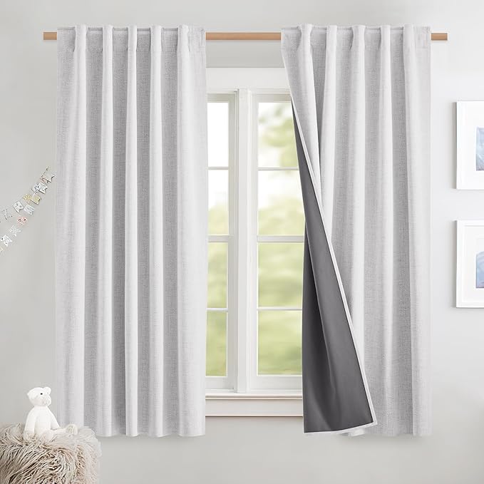 NICETOWN 100% Blackout Curtains with Grey Liner, Rod Pocket & Back Tab Thermal Insulated Flax Textured Full Light Blocking Window Draperies for Kitchen (Greyish White, 2 Panels, 42" W by 63" L)