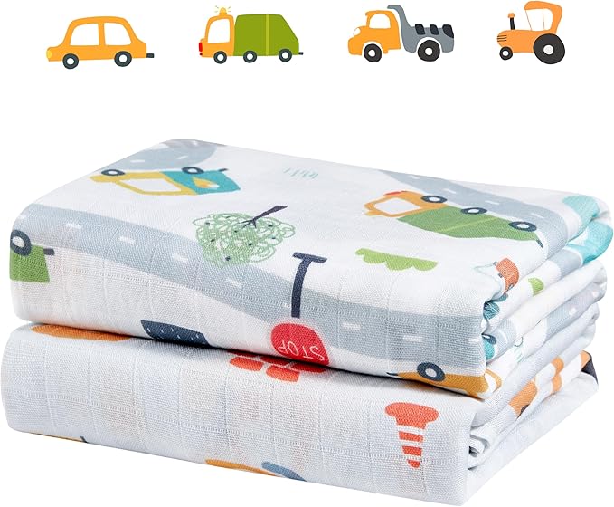 2-Pack 100% Cotton Muslin Swaddle Blankets, Large 47 x 47 Inches — Breathable Soft Receiving Blankets for Newborns, Swaddling Wraps, Baby Essentials, Registry Gift (Worksite Vehicle Set)