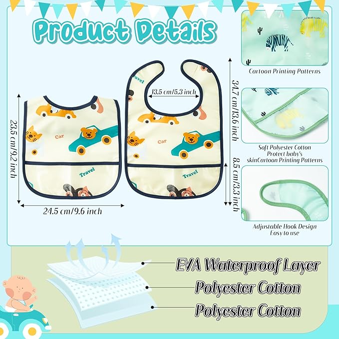 2ooya 6Pcs Waterproof Toddler Bibs Baby Feeding Bib Set with Crumb Catcher Pocket, Infant Adjustable Baby Teething Bib, Babies Sleeveless Vehicles Food Bibs Keepsake Gift for Baby Shower, 6-24 Months