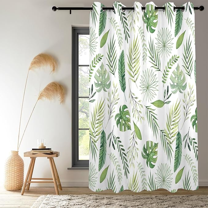 Renaiss Green Leaf Blackout Curtains, Tropical Safari Plants Patterned Thermal Insulated Bedroom Window Curtains, Eucalyptus Botanical Window Drapes for Living Room, 63" L x 42" W 2 Panel Set