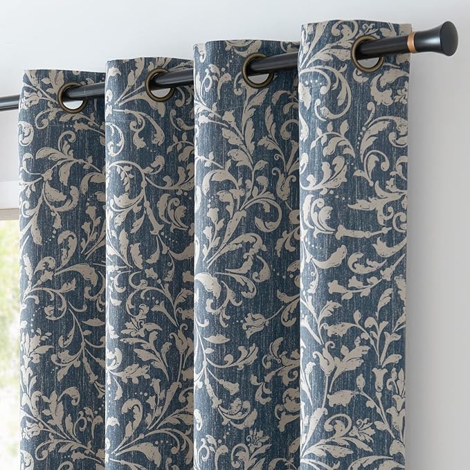 jinchan 80% Blackout Curtains for Living Room, Farmhouse Drapes with Scroll Floral Patterned for Bedroom, Grommet Top Thermal Insulated Curtains, Vintage Country Drapes 90 inch Length 2 Panels Blue