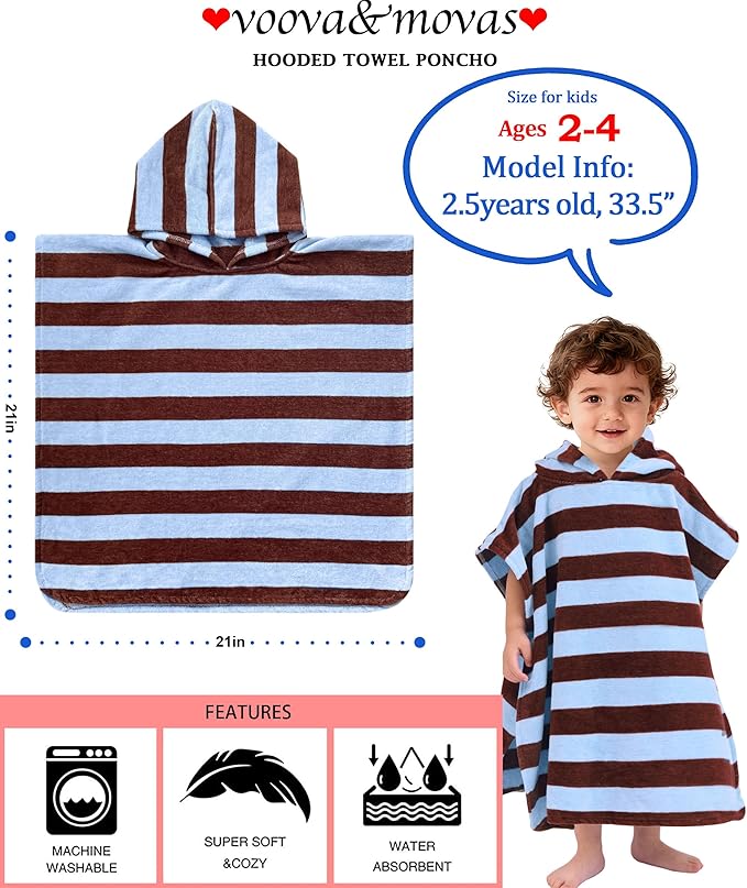 Toddler Bath Towels with Hood, Oversized (2-4Years,22"X22") Made from 100% Soft Cotton,Absorbent Hooded Poncho Towel for Baby Boy,Perfect for Pool | Swimming | Bath | Beach,Brown Blue Stripe