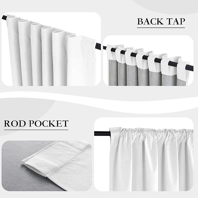 RYB HOME 100% Blackout Flax Linen Curtains 90 inches Long, Rod Pocket & Back Tab Light Block and Thermal Isolated Drapes, Suitable for Living Room & Nursery, Set of 2, W52 x L90, Greyish White