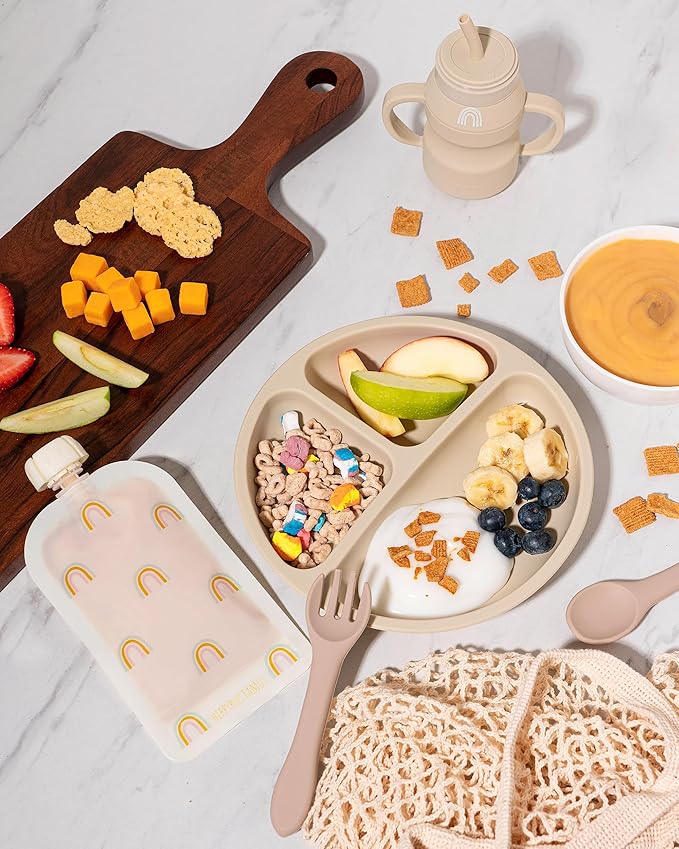 Hippypotamus Toddler Plates with Suction - 100% Food-Grade Silicone Baby Plates with Lids - Microwave & Dishwasher Safe - BPA Free - Set of 3 (Fog/Sage/Taupe with LIDS)