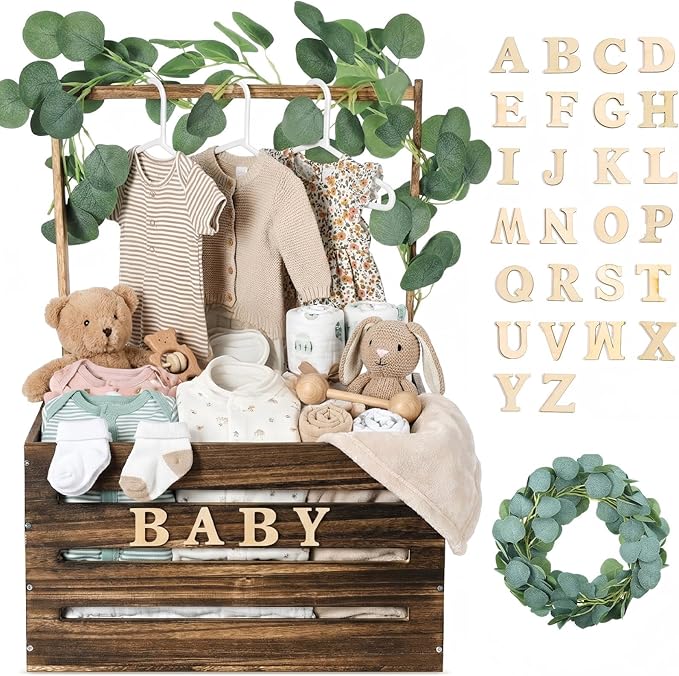 Barydat Wooden Baby Shower Crate Closet, Baby Basket with Handle, Personalized Basket Gifts, Easy Assembly Baskets for Newborn Boy Girl Welcome Gift for New Mom Parents(Dark Walnut)