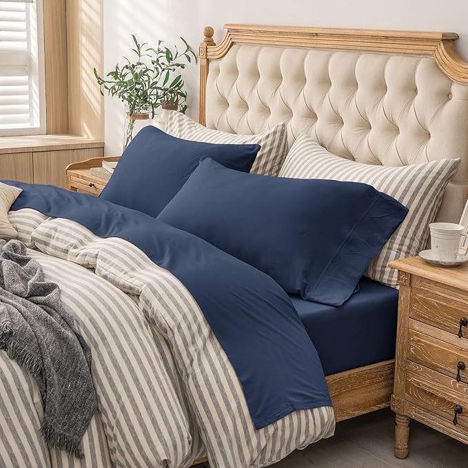 PURE ERA Jersey Knit 4pc Bed Sheet Set 100% T-Shirt Cotton Super Soft Comfy Breathable Fits Mattress Up to 20" Extra Deep Pocket (Solid Navy Blue, Queen)